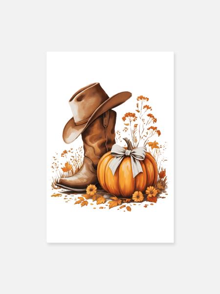 Rustic Fall Pumpkin with Cowboy Boot Autumn Vibes - Poster 8x12 - white - Front