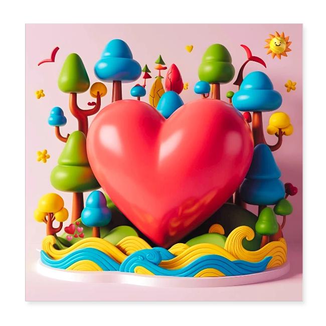 Big red heart, surrounded by landscape, nature