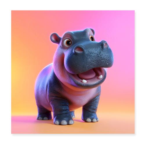 Cute Cartoon Hippopotamus Standing Wall Print - Poster 8x8