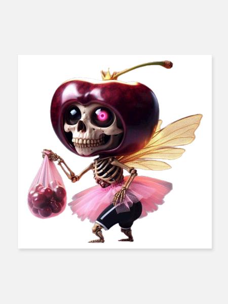 Cherry Skull Fairy – Creepy Cute Skeleton Art - Poster 8x8 - white - Front