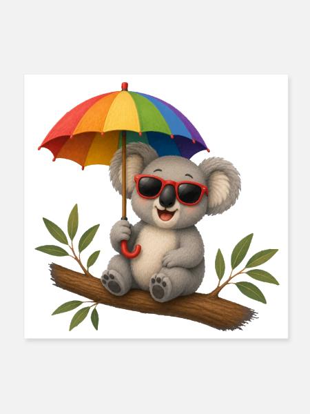 Koala with rainbow umbrella and sunglasses - Poster 8x8 - white - Front
