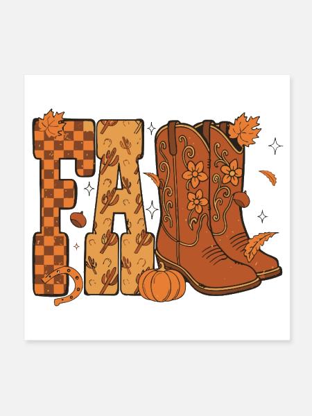 Cowboy Checkered Fall Pumpkin Autumn Boots Western - Poster 8x8 - white - Front