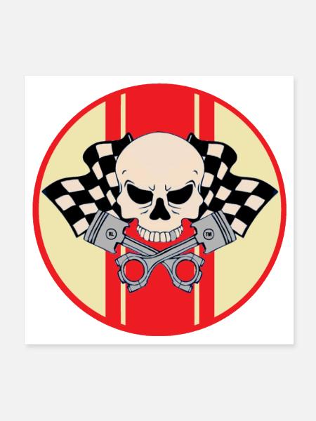 Red racing stripe pirate skull and pistons - Poster 8x8 - white - Front