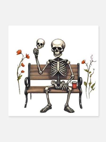 Playful Skeleton on Park Bench - Poster 8x8 - white - Front