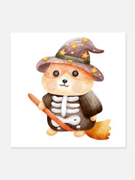 Cute Witch Hamster Riding a Broom – Cozy Halloween - Poster 8x8 - white - Front