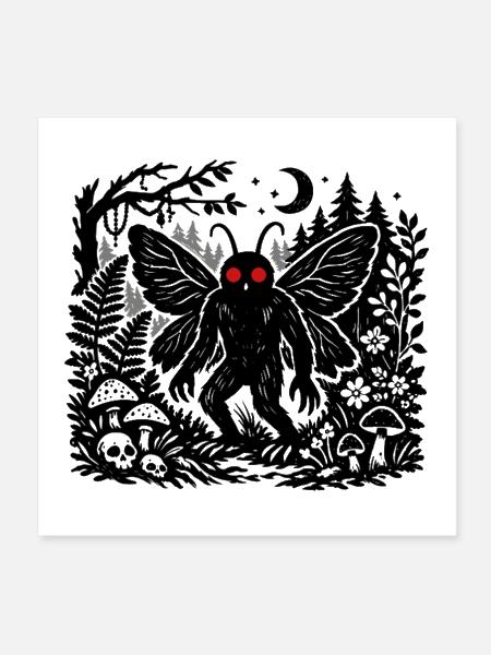 Mothman Forest Linocut Art - Poster 8x8 - white - Front