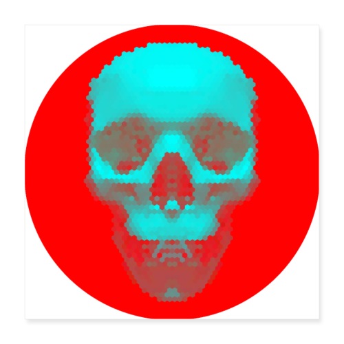 Hexagon Pattern Skull - Blue on Red - Poster 16x16
