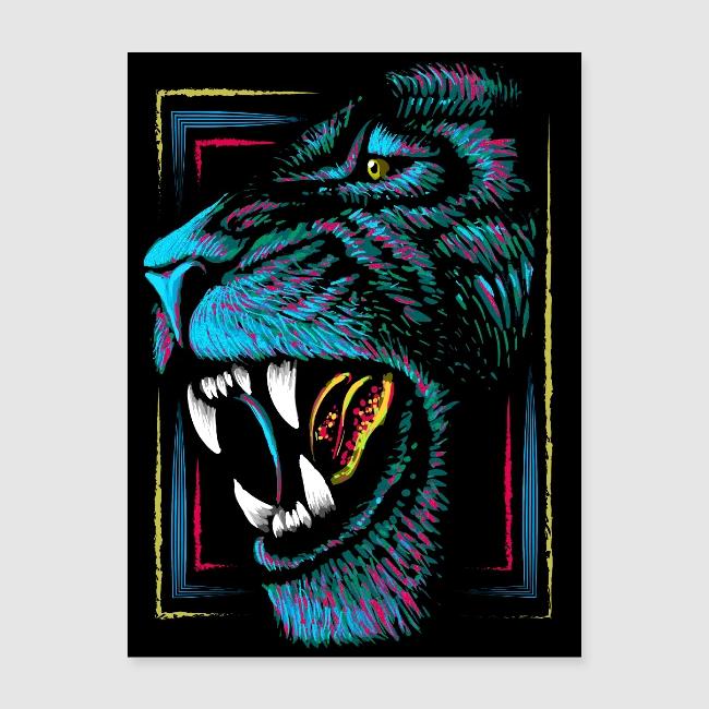 Neon Pink Lion Head Portrait - Roaring Lion