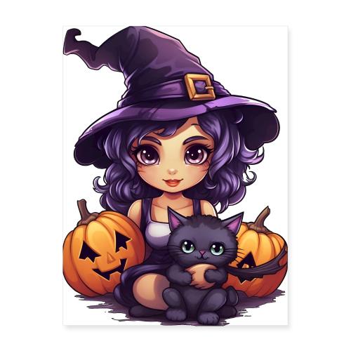 Cute Witch and Cat - Halloween Party - Poster 18x24