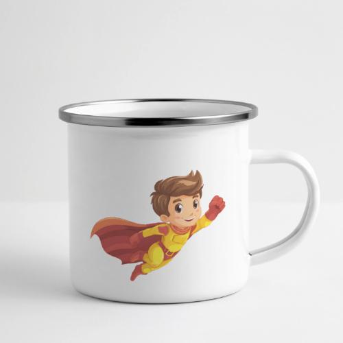 Cheerful Cartoon Superhero Boy Flying High - Camper Mug