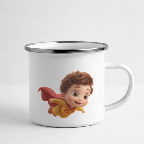 Flying Cartoon Superhero Boy in Yellow Suit - Camper Mug