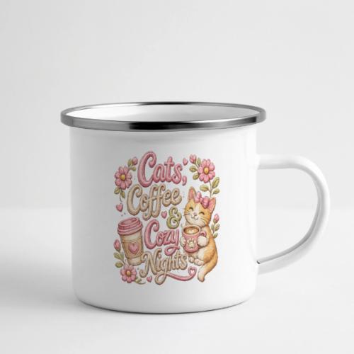 Cats, Coffee & Cozy Nights Faux Stitched Design - Camper Mug