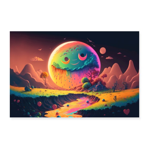 Spooky Smiling Moon Mountainscape - Psychedelia - Poster 36x24