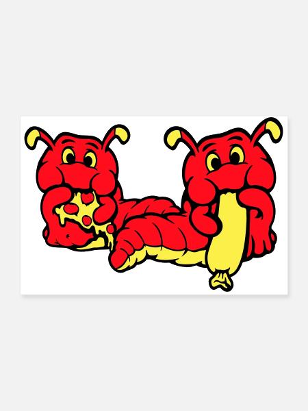 Caterpillar Worm Happy Eating Pizza Sausage Food - Poster 36x24 - white - Front