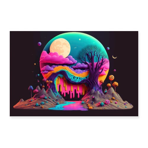 Spooky Full Moon Psychedelic Landscape Paint Drips - Poster 12x8