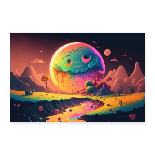 Spooky Smiling Moon Mountainscape - Psychedelia - Poster 12x8