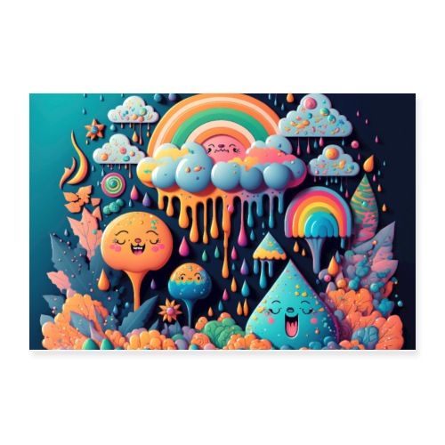Psychedelic Paint Drip Rainbow Rain Clouds 1.1 - Poster 12x8
