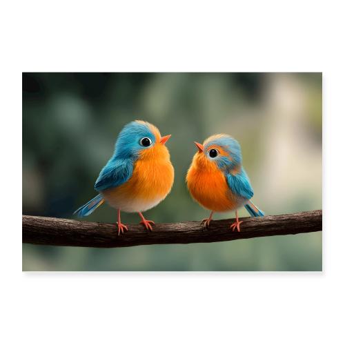 Blue And Orange Birds Face to Face - Poster 12x8