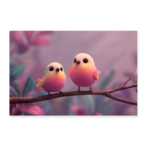 Dreamy Pink Birds on a Branch - Poster 12x8
