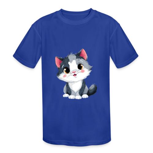 Sweet Sitting Kitten Cartoon Smiling - Kids' Moisture Wicking Performance T-Shirt