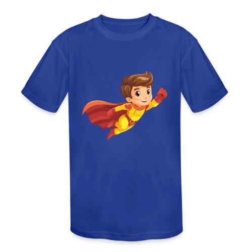 Cheerful Cartoon Superhero Boy Flying High - Kids' Moisture Wicking Performance T-Shirt