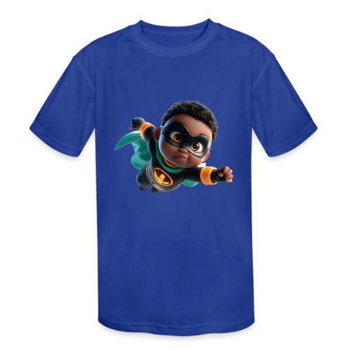 Brave Cartoon Superhero Boy in Green Cape - Kids' Moisture Wicking Performance T-Shirt