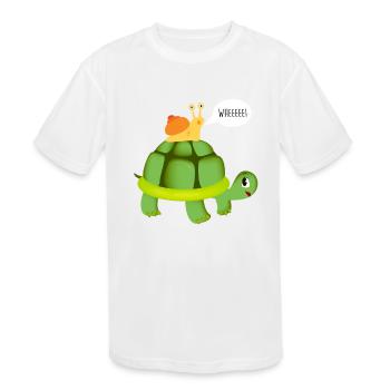 Cute Snail Riding on Turtle Yelling Whee Animals - Kids' Moisture Wicking Performance T-Shirt - white - Front