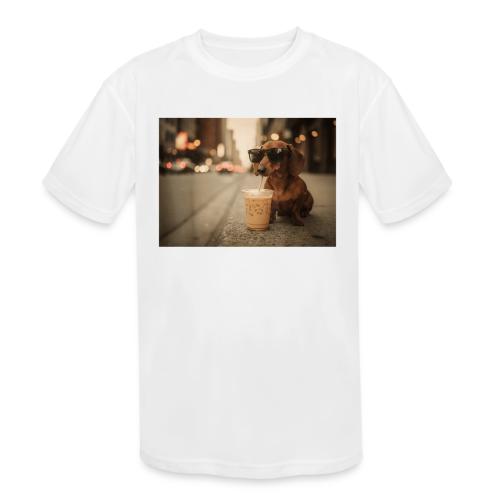Funny Dachshund Iced Coffee Lover Tee - Kids' Moisture Wicking Performance T-Shirt
