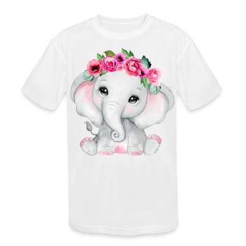 Cute Pink Floral Baby Elephant - Kids' Moisture Wicking Performance T-Shirt - white - Front