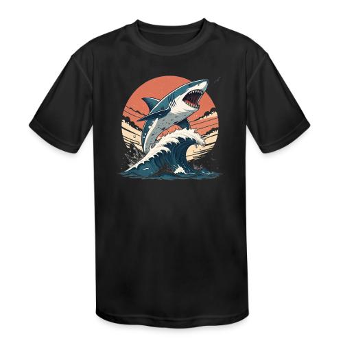 Fierce Shark Breaking Through Waves - Kids' Moisture Wicking Performance T-Shirt