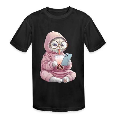 Cool Cat Bubble Tea Cartoon Design - Kids' Moisture Wicking Performance T-Shirt