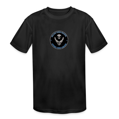 BlackOpsTransBigger1 Front with Mr Grey Back Logo - Kids' Moisture Wicking Performance T-Shirt