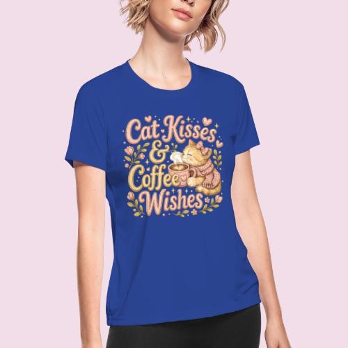 Cat Kisses & Coffee Wishes Faux Stitched - Women's Moisture Wicking Performance T-Shirt