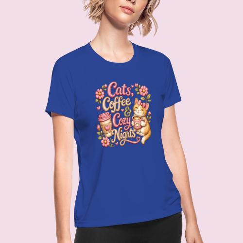 Cats, Coffee & Cozy Nights Faux Stitched Design - Women's Moisture Wicking Performance T-Shirt