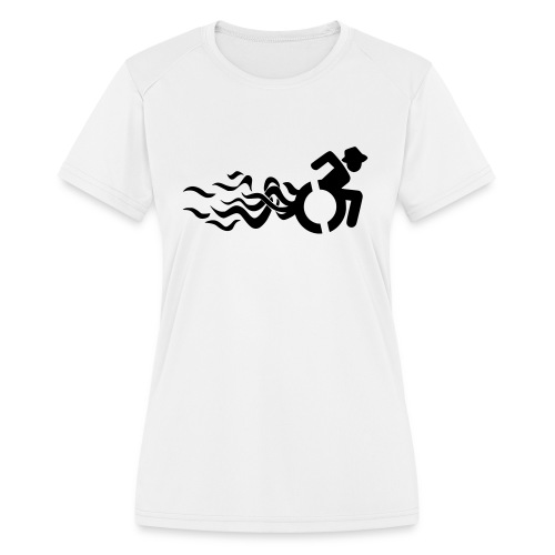 Flames wheelchair man, humor speed racing wheels - Women's Moisture Wicking Performance T-Shirt