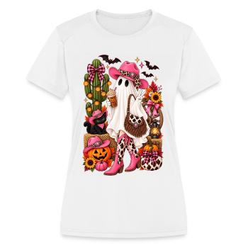 Halloween Ghost in Leopard Boots - Women's Moisture Wicking Performance T-Shirt - white - Front - Zoe (177cm)