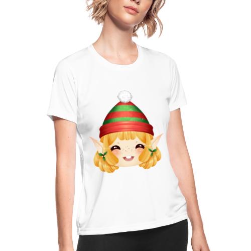 Happy Christmas Elf Girl with Mistletoe and Bobcap - Women's Moisture Wicking Performance T-Shirt