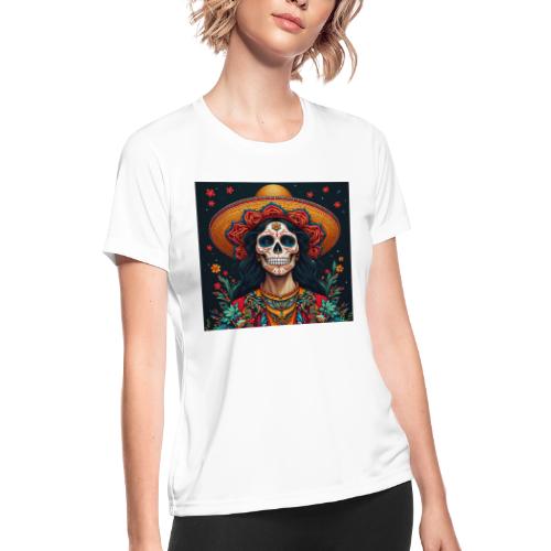 Charra Skull Art | Traditional Mexican Design - Women's Moisture Wicking Performance T-Shirt