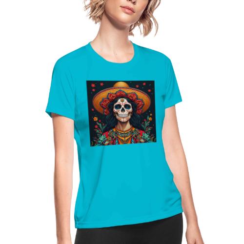 Charra Skull Art | Traditional Mexican Design - Women's Moisture Wicking Performance T-Shirt
