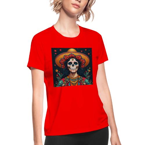 Charra Skull Art | Traditional Mexican Design - Women's Moisture Wicking Performance T-Shirt