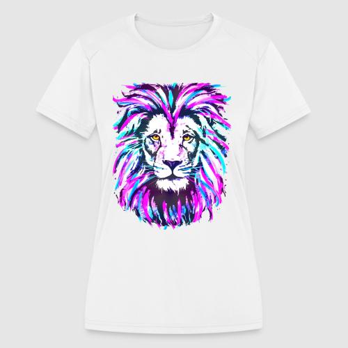 Neon Pink Lion Head Portrait Drawing - Purple Lion - Women's Moisture Wicking Performance T-Shirt