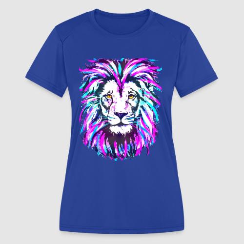 Neon Pink Lion Head Portrait Drawing - Purple Lion - Women's Moisture Wicking Performance T-Shirt