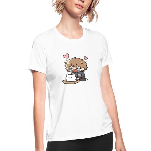 Crying Chibi Boy with Stray Cat - Women's Moisture Wicking Performance T-Shirt