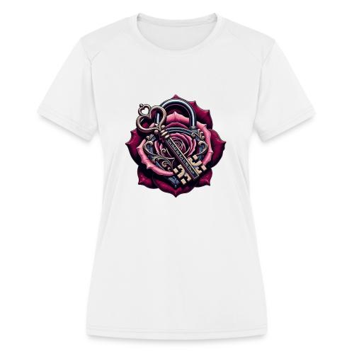 You Hold the Key to My Heart Rose Lock T-Shirt - Women's Moisture Wicking Performance T-Shirt