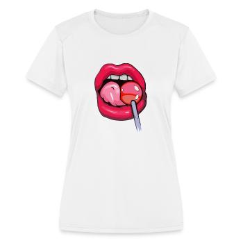 woman licking lollipop - Women's Moisture Wicking Performance T-Shirt - white - Front - Zoe (177cm)