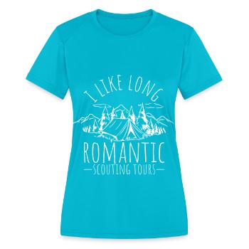 Scout Leader I like long Scouting Walks Girl Scout - Women's Moisture Wicking Performance T-Shirt - turquoise - Front - Zoe (177cm)