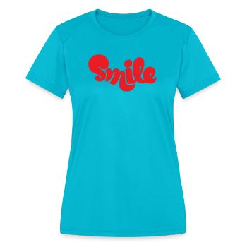 Vibrant Red Smile Typography Design - Women's Moisture Wicking Performance T-Shirt - turquoise - Front - Zoe (177cm)