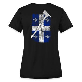 Le drapeau du Québec, le Fleurdelisé avec Hache - T-shirt performance Femme - noir - Dos - Zoe (177cm)