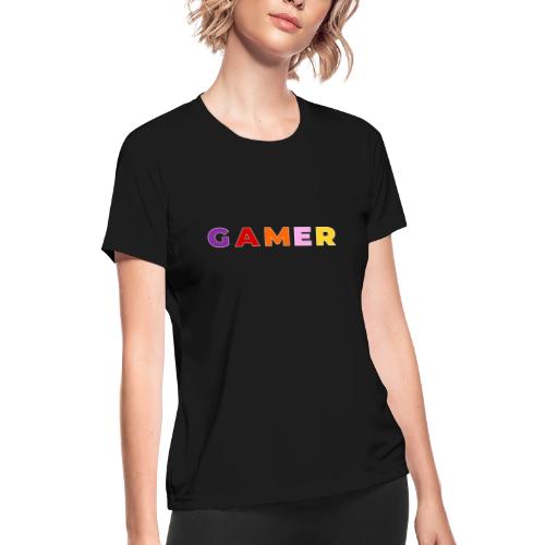 Multicolor GAMER Typography Design - Women's Moisture Wicking Performance T-Shirt