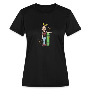 cute girl with skateboard - Women's Moisture Wicking Performance T-Shirt - black - Front - Zoe (177cm)